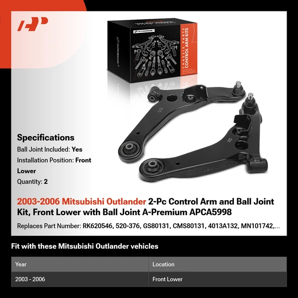 2003-2006 Mitsubishi Outlander 2-Pc Control Arm and Ball Joint Kit, Front Lower with Ball Joint A-Premium APCA5998