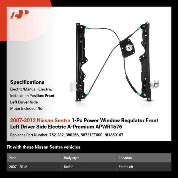 2007-2012 Nissan Sentra 1-Pc Power Window Regulator Front Left Driver Side Electric A-Premium APWR1576
