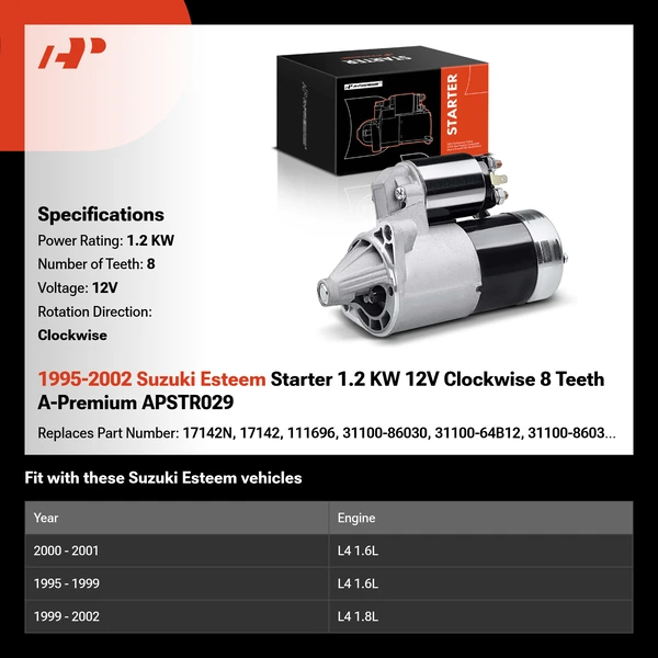 1995-2002 Suzuki Esteem Starter 1.2 KW 12V Clockwise 8 Teeth A-Premium APSTR029