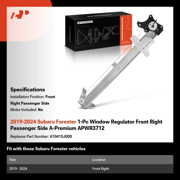 2019-2024 Subaru Forester 1-Pc Window Regulator Front Right Passenger Side A-Premium APWR3712