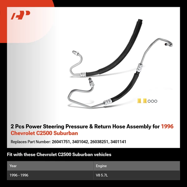 2 Pcs Power Steering Pressure & Return Hose Assembly for 1996 Chevrolet C2500 Suburban