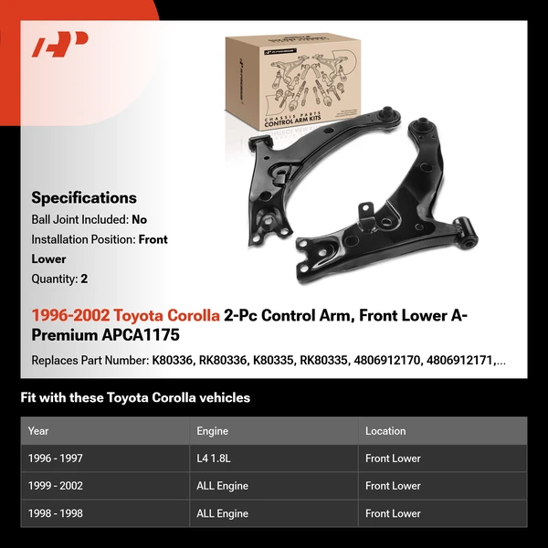 1996-2002 Toyota Corolla 2-Pc Control Arm, Front Lower A-Premium APCA1175