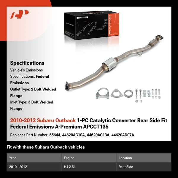 2010-2012 Subaru Outback 1-PC Catalytic Converter Rear Side Fit Federal Emissions A-Premium APCCT135