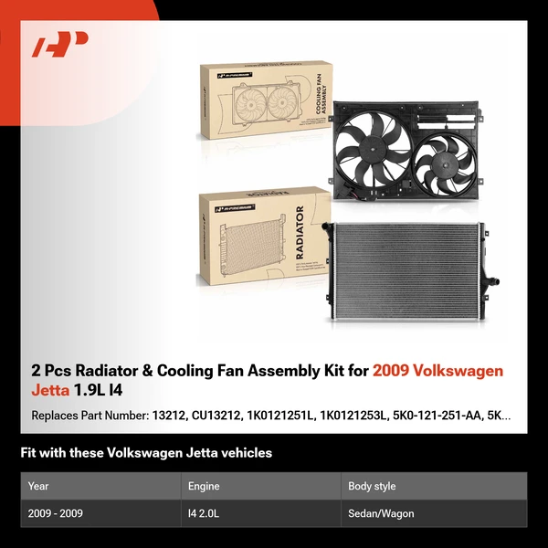 2 Pcs Radiator & Cooling Fan Assembly Kit for 2009 Volkswagen Jetta 1.9L l4