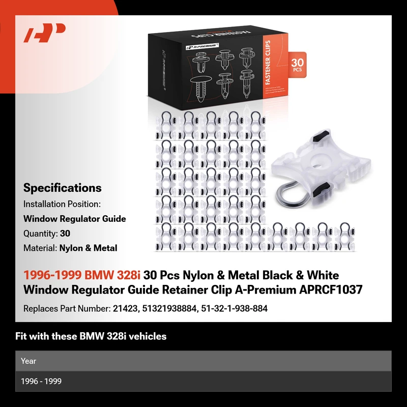 1996-1999 BMW 328i 30 Pcs Nylon & Metal Black & White Window Regulator Guide Retainer Clip A-Premium APRCF1037