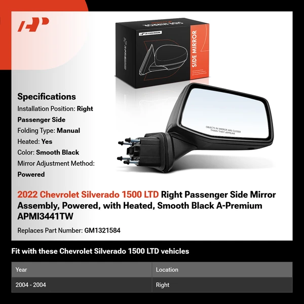2022 Chevrolet Silverado 1500 LTD Right Passenger Side Mirror Assembly, Powered, with Heated, Smooth Black A-Premium APMI3441TW