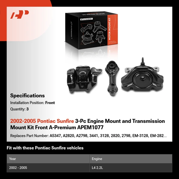2002-2005 Pontiac Sunfire 3-Pc Engine Mount and Transmission Mount Kit Front A-Premium APEM1077