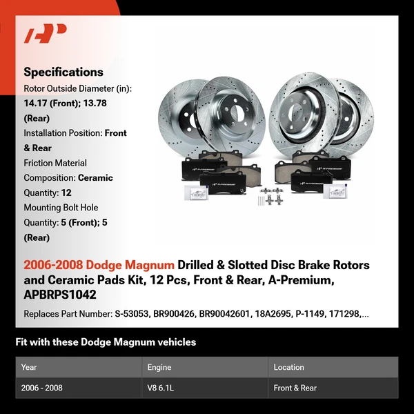 2006-2008 Dodge Magnum Drilled & Slotted Disc Brake Rotors and Ceramic Pads Kit, 12 Pcs, Front & Rear, A-Premium, APBRPS1042