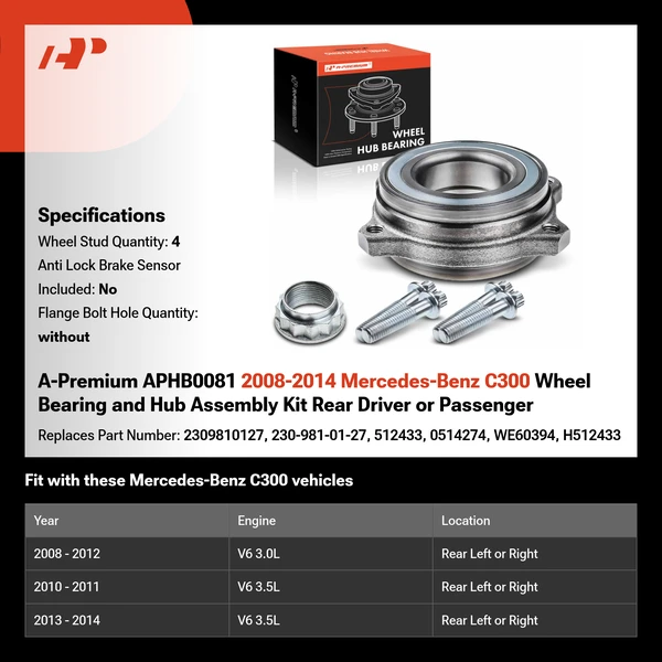 A-Premium APHB0081 2008-2014 Mercedes-Benz C300 Wheel Bearing and Hub Assembly Kit Rear Driver or Passenger
