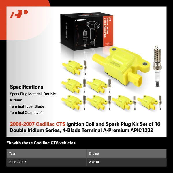 2006-2007 Cadillac CTS Ignition Coil and Spark Plug Kit Set of 16 Double Iridium Series, 4-Blade Terminal A-Premium APIC1202