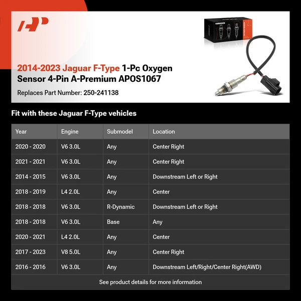 2014-2023 Jaguar F-Type 1-Pc Oxygen Sensor 4-Pin A-Premium APOS1067
