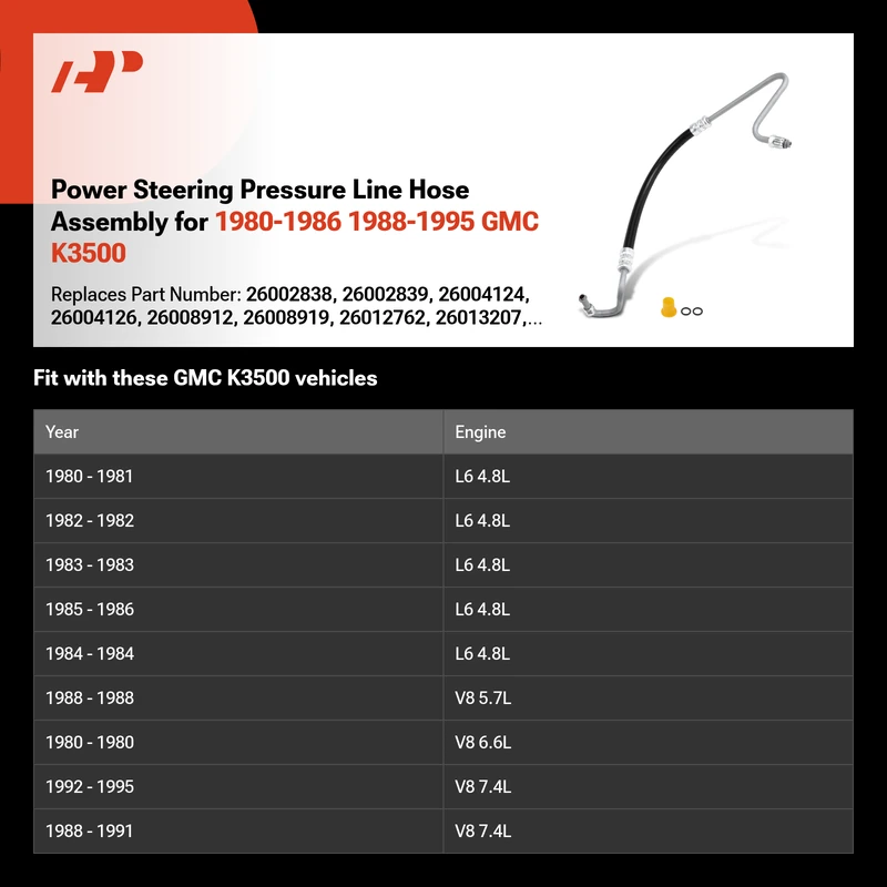 Power Steering Pressure Line Hose Assembly for 1980-1986 1988-1995 GMC K3500
