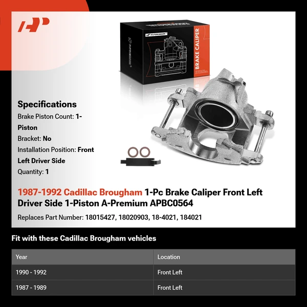 1987-1992 Cadillac Brougham 1-Pc Brake Caliper Front Left Driver Side 1-Piston A-Premium APBC0564