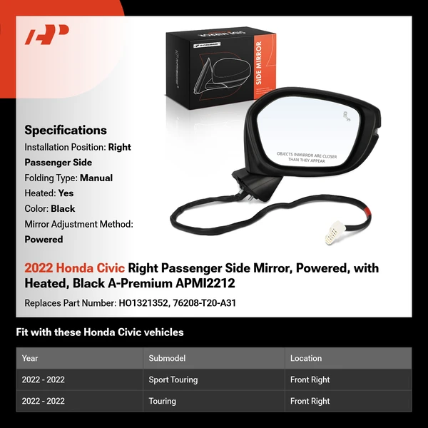 2022 Honda Civic Right Passenger Side Mirror, Powered, with Heated, Black A-Premium APMI2212