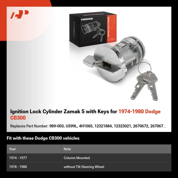 Ignition Lock Cylinder Zamak 5 with Keys for 1974-1980 Dodge CB300