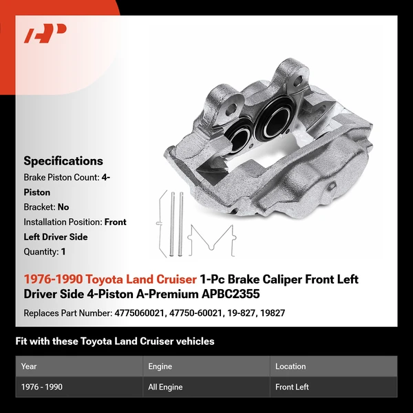 1976-1990 Toyota Land Cruiser 1-Pc Brake Caliper Front Left Driver Side 4-Piston A-Premium APBC2355