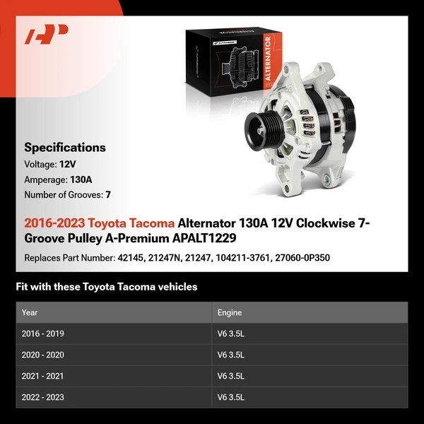 2016-2023 Toyota Tacoma Alternator 130A 12V Clockwise 7-Groove Pulley A-Premium APALT1229