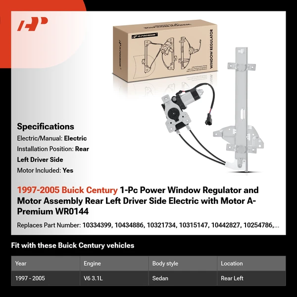 1997-2005 Buick Century 1-Pc Power Window Regulator and Motor Assembly Rear Left Driver Side Electric with Motor A-Premium WR0144