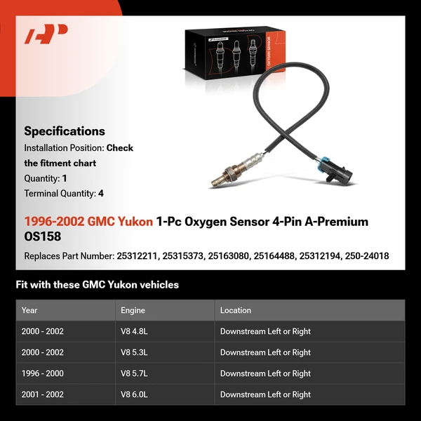 1996-2002 GMC Yukon 1-Pc Oxygen Sensor 4-Pin A-Premium OS158