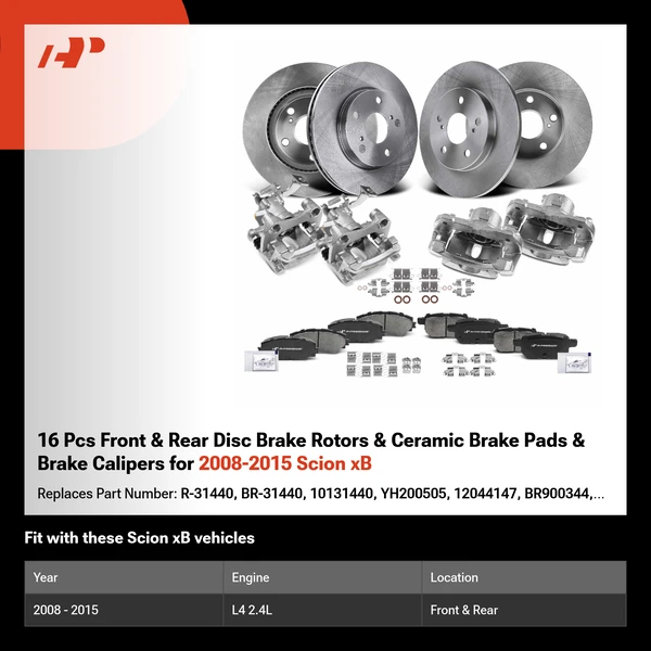 16 Pcs Front & Rear Disc Brake Rotors & Ceramic Brake Pads & Brake Calipers for 2008-2015 Scion xB