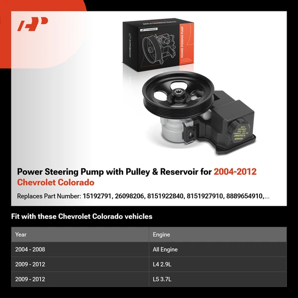 Power Steering Pump with Pulley & Reservoir for 2004-2012 Chevrolet Colorado