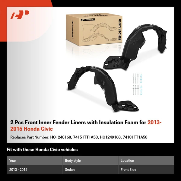 2 Pcs Front Inner Fender Liners with Insulation Foam for 2013-2015 Honda Civic