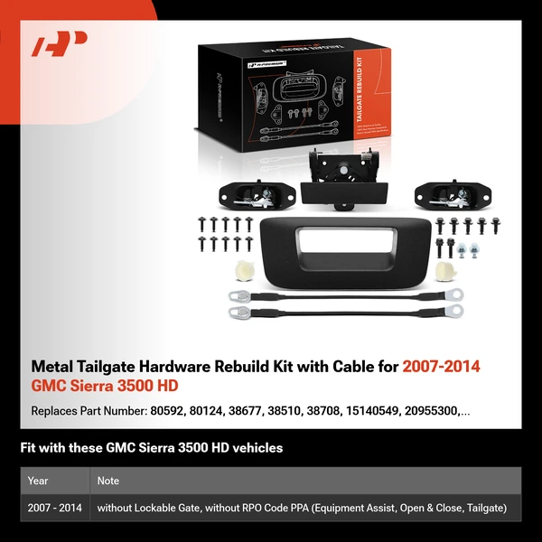 Metal Tailgate Hardware Rebuild Kit with Cable for 2007-2014 GMC Sierra 3500 HD