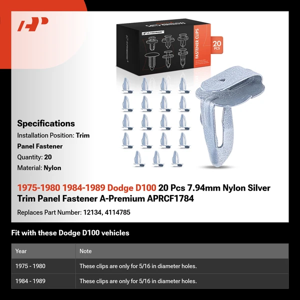 1975-1980 1984-1989 Dodge D100 20 Pcs 7.94mm Nylon Silver Trim Panel Fastener A-Premium APRCF1784