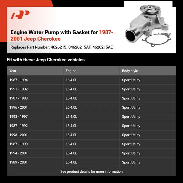 Engine Water Pump with Gasket for 1987-2001 Jeep Cherokee