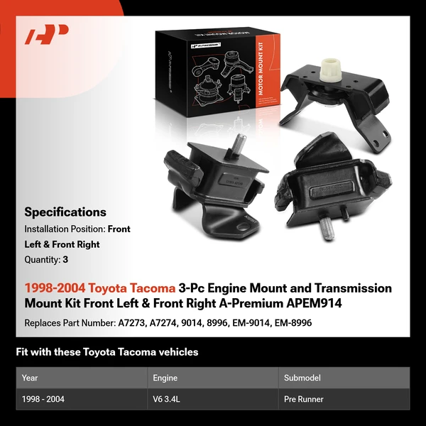1998-2004 Toyota Tacoma 3-Pc Engine Mount and Transmission Mount Kit Front Left & Front Right A-Premium APEM914