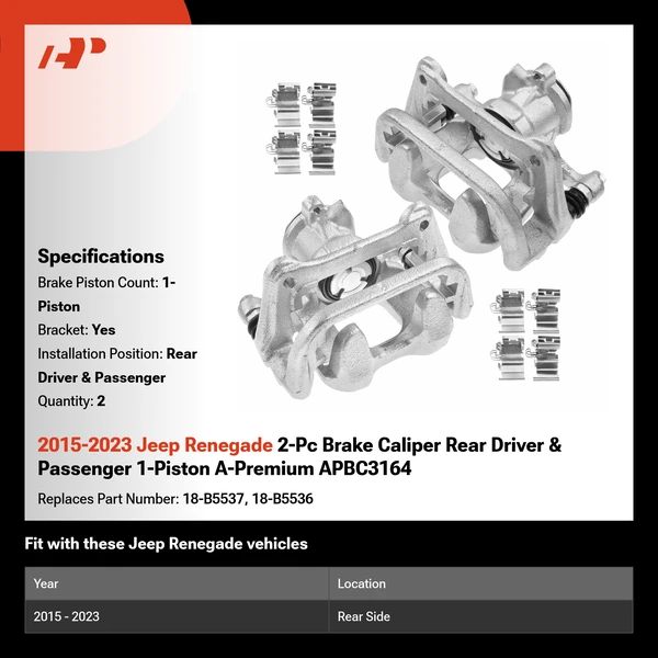 2015-2023 Jeep Renegade 2-Pc Brake Caliper Rear Driver & Passenger 1-Piston A-Premium APBC3164