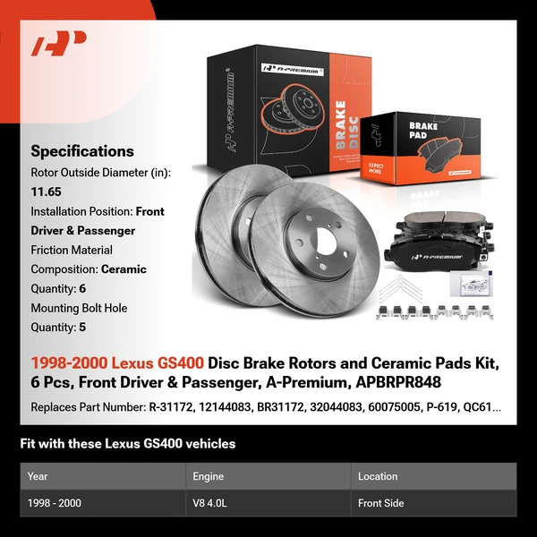 1998-2000 Lexus GS400 Disc Brake Rotors and Ceramic Pads Kit, 6 Pcs, Front Driver & Passenger, A-Premium, APBRPR848