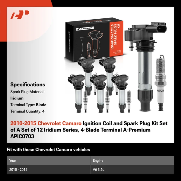 2010-2015 Chevrolet Camaro Ignition Coil and Spark Plug Kit Set of A Set of 12 Iridium Series, 4-Blade Terminal A-Premium APIC0703