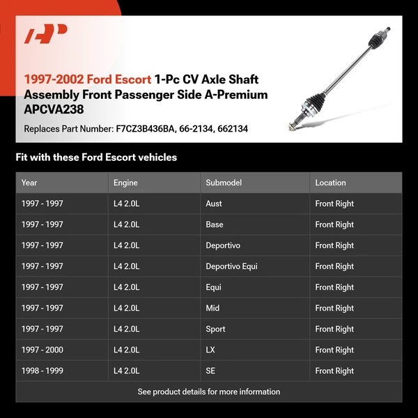 1997-2002 Ford Escort 1-Pc CV Axle Shaft Assembly Front Passenger Side A-Premium APCVA238