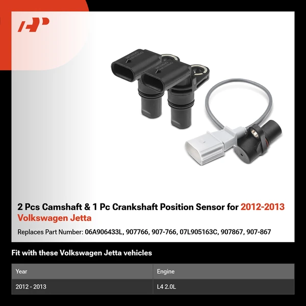2 Pcs Camshaft & 1 Pc Crankshaft Position Sensor for 2012-2013 Volkswagen Jetta