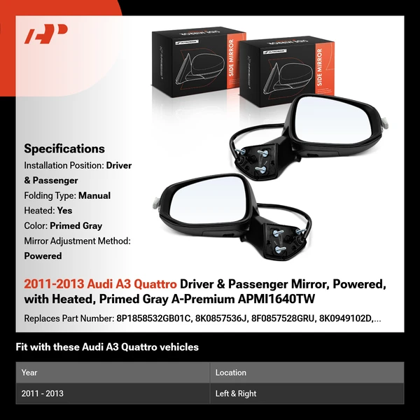 2011-2013 Audi A3 Quattro Driver & Passenger Mirror, with Heating, Power Adjustment, Manual Folding, Primed Gray A-Premium APMI1640TW