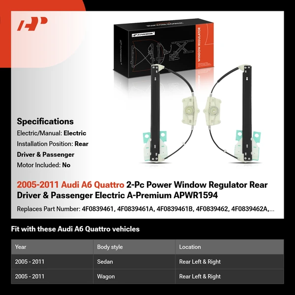 2005-2011 Audi A6 Quattro 2-Pc Power Window Regulator Rear Driver & Passenger Electric A-Premium APWR1594