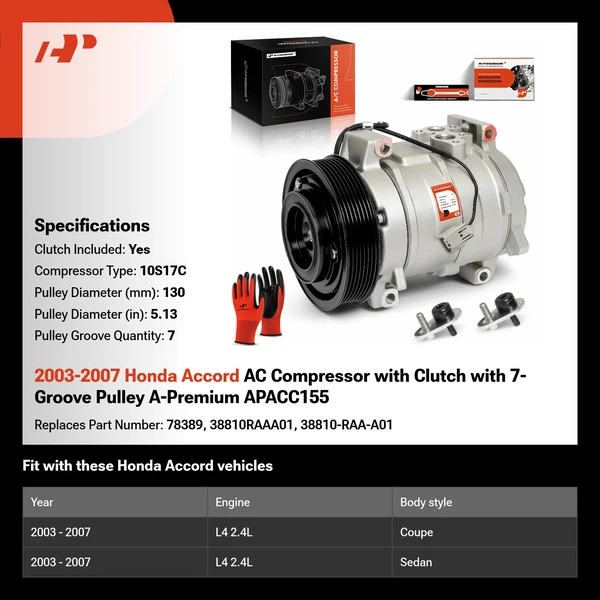 2003-2007 Honda Accord AC Compressor with Clutch with 7-Groove Pulley A-Premium APACC155