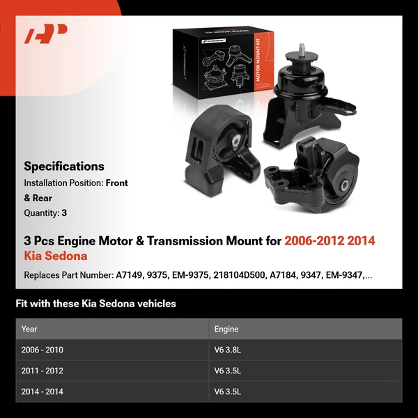 3 Pcs Engine Motor & Transmission Mount for 2006-2012 2014 Kia Sedona