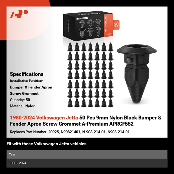 1980-2024 Volkswagen Jetta 50 Pcs 9mm Nylon Black Bumper & Fender Apron Screw Grommet A-Premium APRCF552