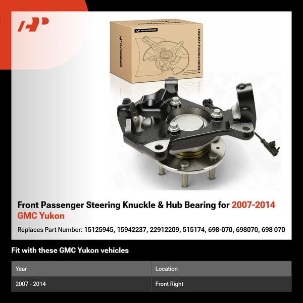 Front Passenger Steering Knuckle & Hub Bearing for 2007-2014 GMC Yukon