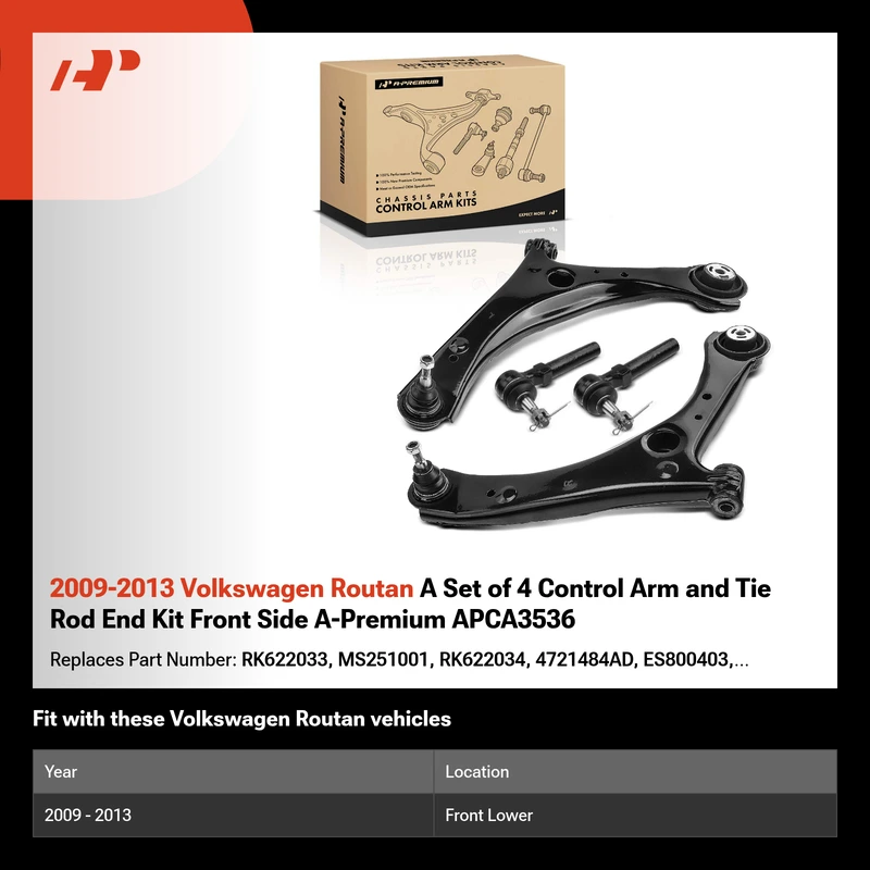 2009-2013 Volkswagen Routan A Set of 4 Control Arm and Tie Rod End Kit Front Side A-Premium APCA3536