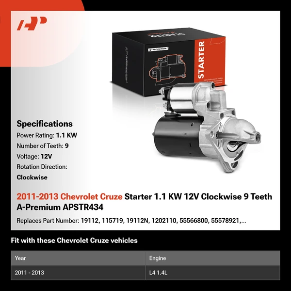2011-2013 Chevrolet Cruze Starter 1.1 KW 12V Clockwise 9 Teeth A-Premium APSTR434