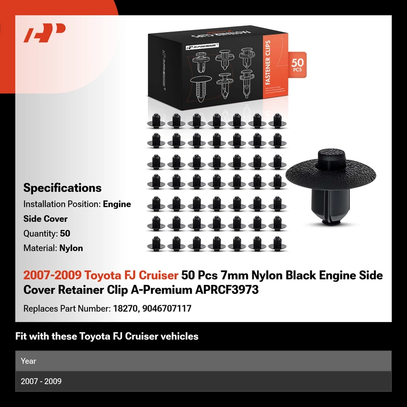2007-2009 Toyota FJ Cruiser 50 Pcs 7mm Nylon Black Engine Side Cover Retainer Clip A-Premium APRCF3973