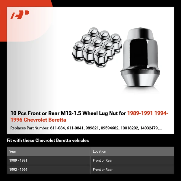 10 Pcs Front or Rear M12-1.5 Wheel Lug Nut for 1989-1991 1994-1996 Chevrolet Beretta