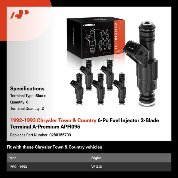 1992-1993 Chrysler Town & Country 6-Pc Fuel Injector 2-Blade Terminal A-Premium APFI095