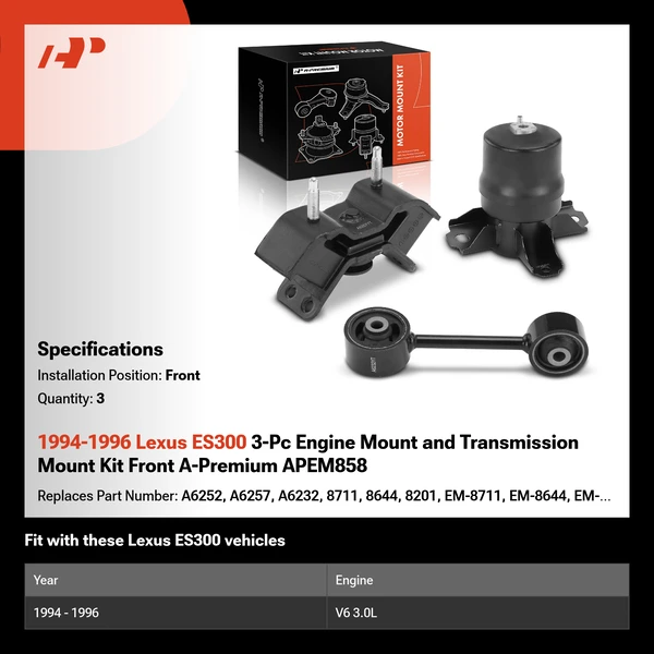 1994-1996 Lexus ES300 3-Pc Engine Mount and Transmission Mount Kit Front A-Premium APEM858