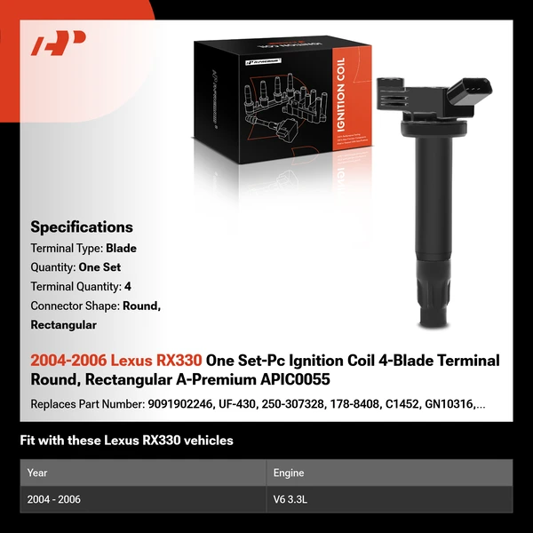 2004-2006 Lexus RX330 One Set-Pc Ignition Coil 4-Blade Terminal Round, Rectangular A-Premium APIC0055
