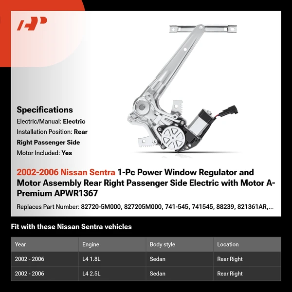 2002-2006 Nissan Sentra 1-Pc Power Window Regulator and Motor Assembly Rear Right Passenger Side Electric with Motor A-Premium APWR1367
