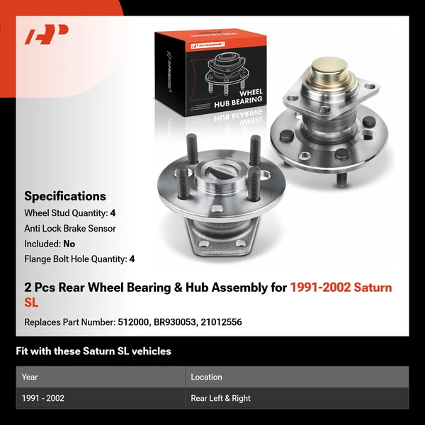 2 Pcs Rear Wheel Bearing & Hub Assembly for 1991-2002 Saturn SL